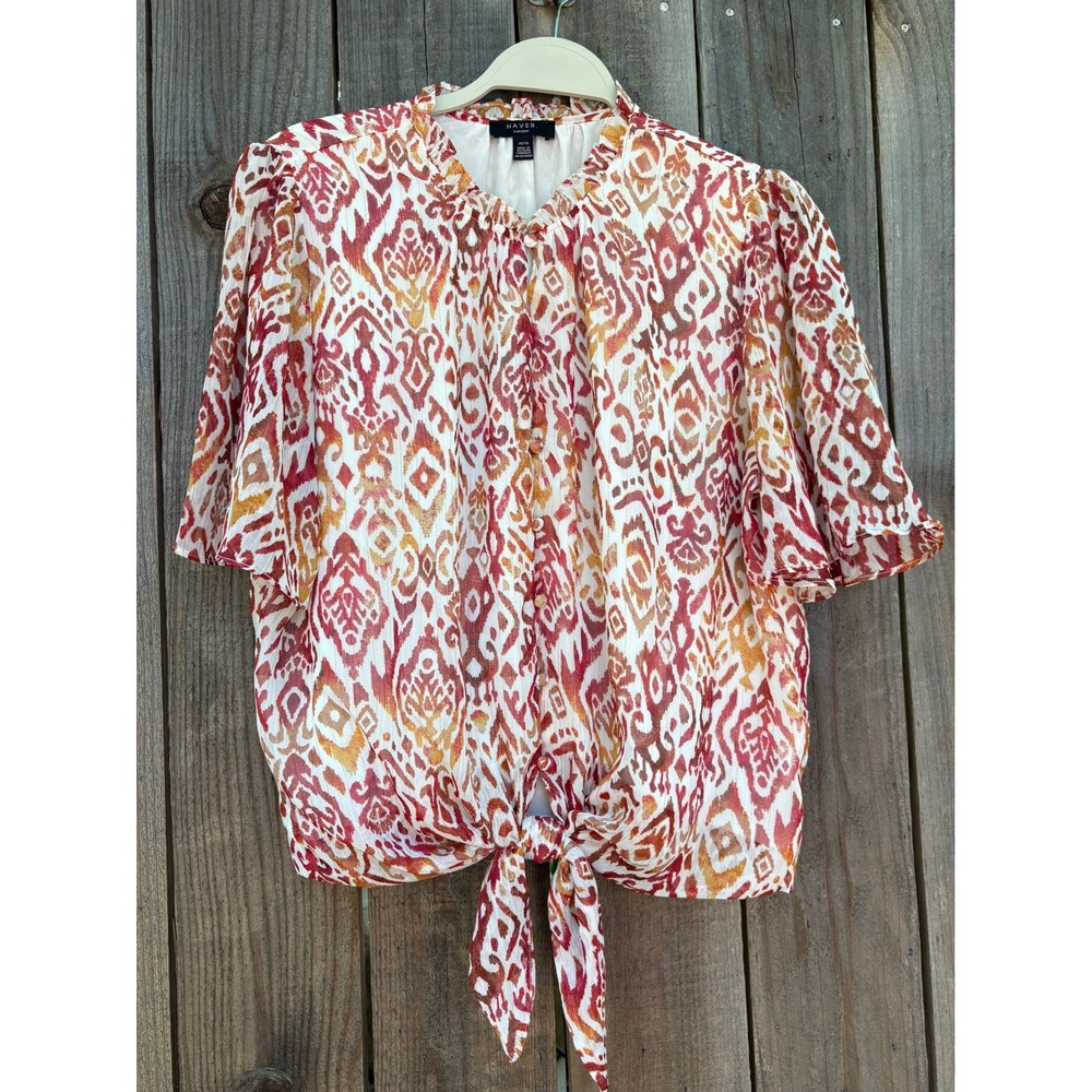 Haver London Tie-Front Blouse‎ Ruffle Neckline Sheer Boho Top XL